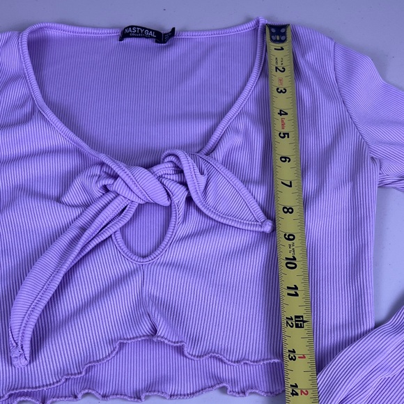 Nasty Gal lilac lavender ribbed tie-front bell-sleeve crop top lettuce edges - Picture 8 of 12
